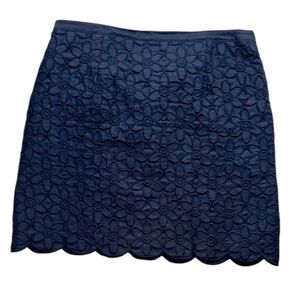 Talbots Navy Linen Embroidered Floral Skirt Scalloped Hem 16WP